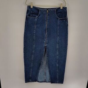 Old Navy Midi Jean Skirt Mid Rise Size 10 Zip Front No Waist Band 100 Cotton